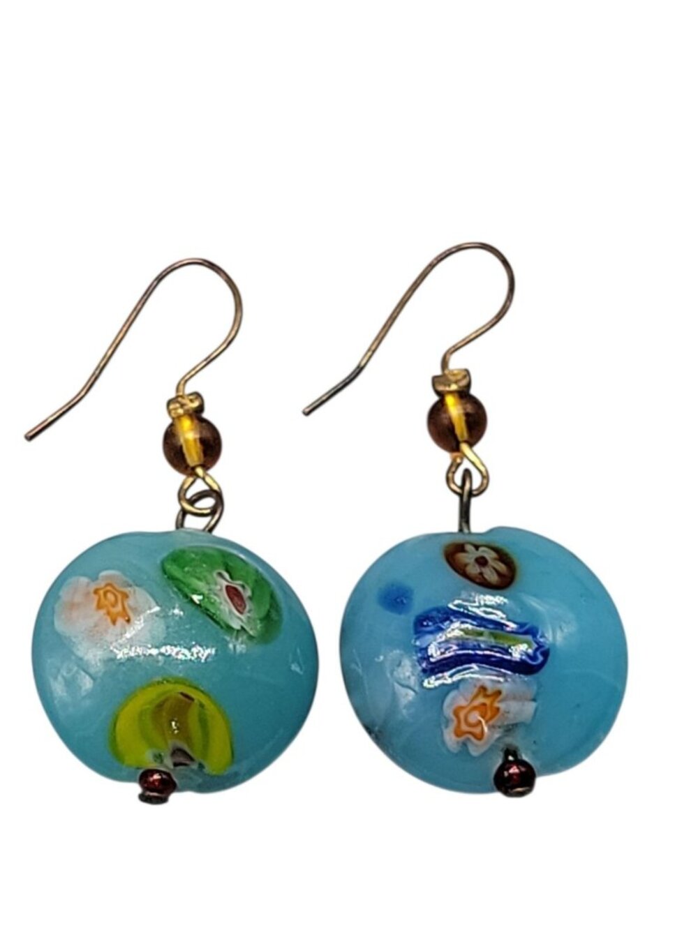Murano Style Millefiori Art Glass Dangling Earrings Blue w/Floral Bead Accents